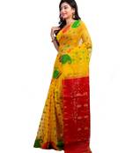 T.J.SAREES Handloom Reshom Dhakai Yellow & Red 3D Working Jamdani Sarees for Women Without Blouse Peace