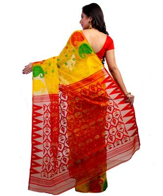 T.J.SAREES Handloom Reshom Dhakai Yellow & Red 3D Working Jamdani Sarees for Women Without Blouse Peace 2