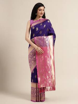 VASTRANAND Purple & Gold-Toned Silk Blend Woven Design Banarasi Saree 1