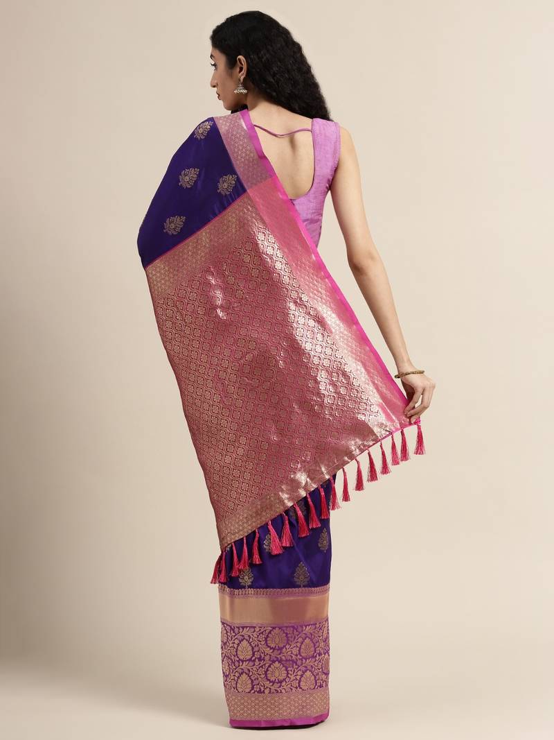 VASTRANAND Purple & Gold-Toned Silk Blend Woven Design Banarasi Saree