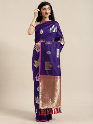 VASTRANAND Purple & Golden Silk Blend Woven Design Banarasi Saree 1