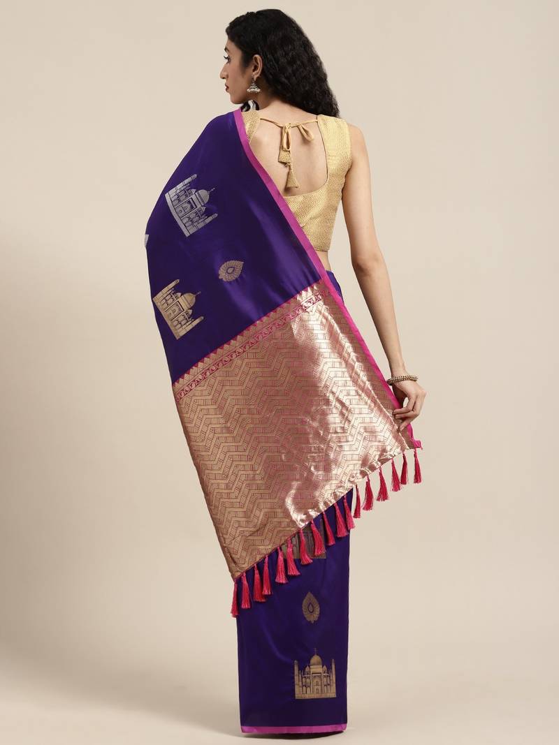 VASTRANAND Purple & Golden Silk Blend Woven Design Banarasi Saree