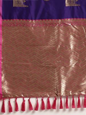 VASTRANAND Purple & Golden Silk Blend Woven Design Banarasi Saree 4