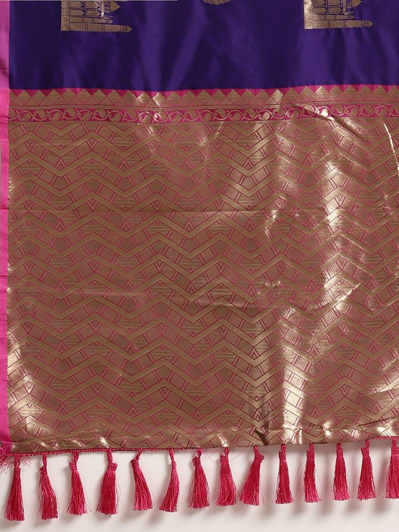 VASTRANAND Purple & Golden Silk Blend Woven Design Banarasi Saree