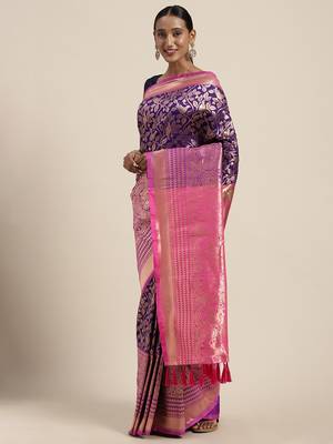 VASTRANAND Purple & Golden Silk Blend Woven Design Banarasi Saree 1
