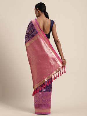 VASTRANAND Purple & Golden Silk Blend Woven Design Banarasi Saree 2