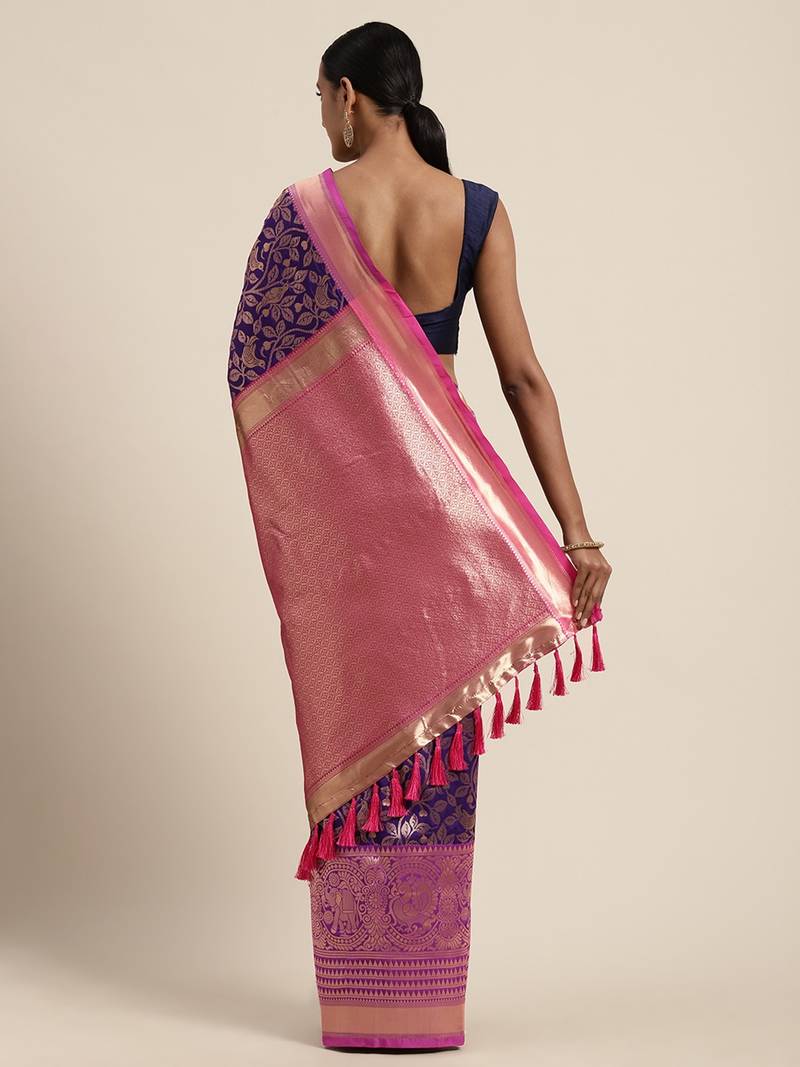 VASTRANAND Purple & Golden Silk Blend Woven Design Banarasi Saree