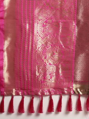 VASTRANAND Purple & Golden Silk Blend Woven Design Banarasi Saree 4