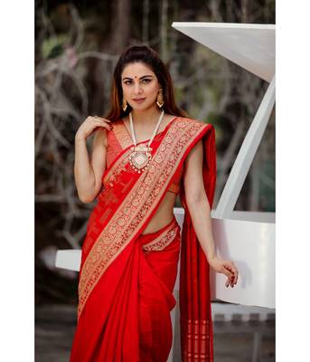 Shraddha Arya Designer Red woven art silk saree with blouse 4