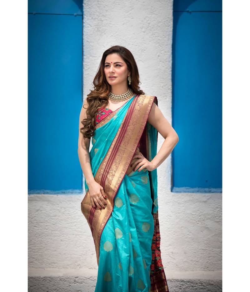 Shraddha Arya Designer Firozi Party Wear Silk Saree