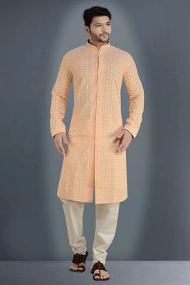 ARRUGA light peach CHIKANKARI EMBROIDERED COTTON KURTA-PAJAMA 1