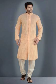 ARRUGA light peach CHIKANKARI EMBROIDERED COTTON KURTA-PAJAMA