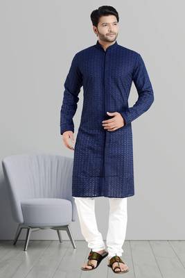 ARRUGA navy BLUE CHIKANKARI EMBROIDERED COTTON KURTA-PAJAMA 1