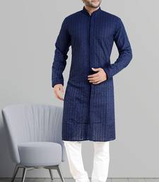 ARRUGA navy BLUE CHIKANKARI EMBROIDERED COTTON KURTA-PAJAMA
