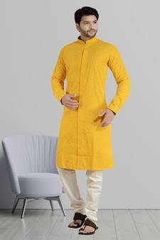 ARRUGA mustard yellow CHIKANKARI EMBROIDERED COTTON KURTA-PAJAMA