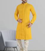 ARRUGA mustard yellow CHIKANKARI EMBROIDERED COTTON KURTA-PAJAMA