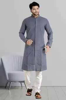 ARRUGA grey CHIKANKARI EMBROIDERED COTTON KURTA-PAJAMA