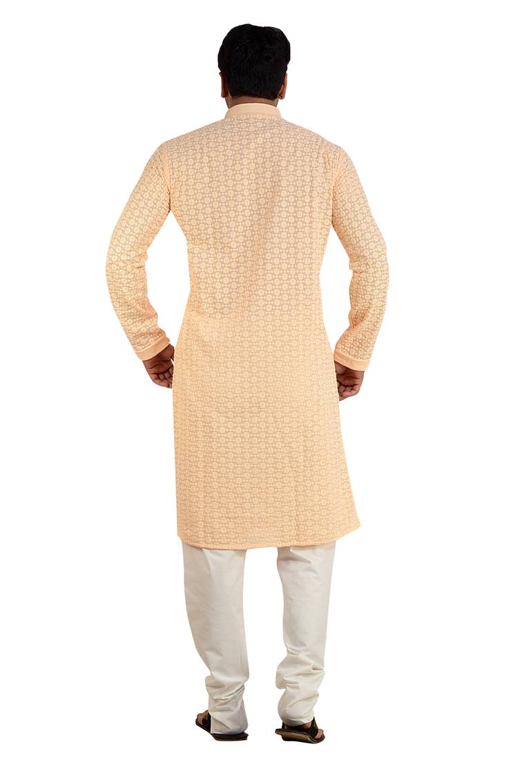ARRUGA light peach CHIKANKARI EMBROIDERED COTTON KURTA-PAJAMA