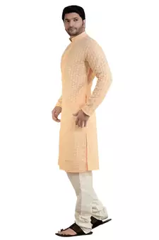 ARRUGA light peach CHIKANKARI EMBROIDERED COTTON KURTA-PAJAMA