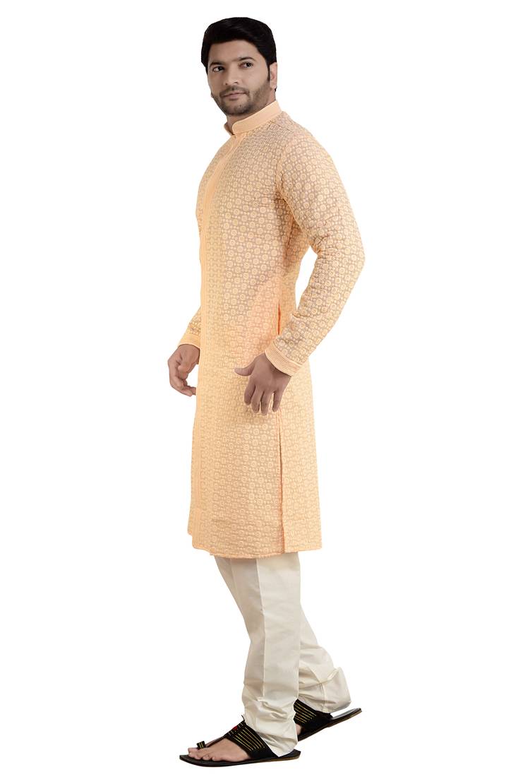 ARRUGA light peach CHIKANKARI EMBROIDERED COTTON KURTA-PAJAMA
