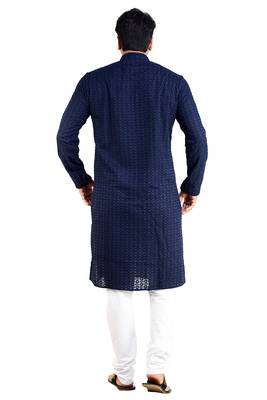 ARRUGA navy BLUE CHIKANKARI EMBROIDERED COTTON KURTA-PAJAMA 2