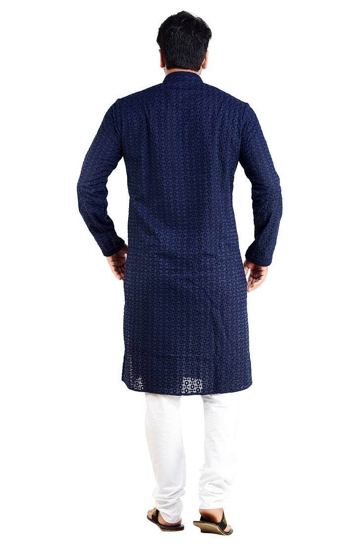 ARRUGA navy BLUE CHIKANKARI EMBROIDERED COTTON KURTA-PAJAMA