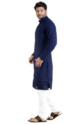 ARRUGA navy BLUE CHIKANKARI EMBROIDERED COTTON KURTA-PAJAMA 3