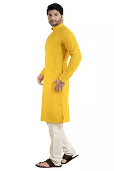 ARRUGA mustard yellow CHIKANKARI EMBROIDERED COTTON KURTA-PAJAMA