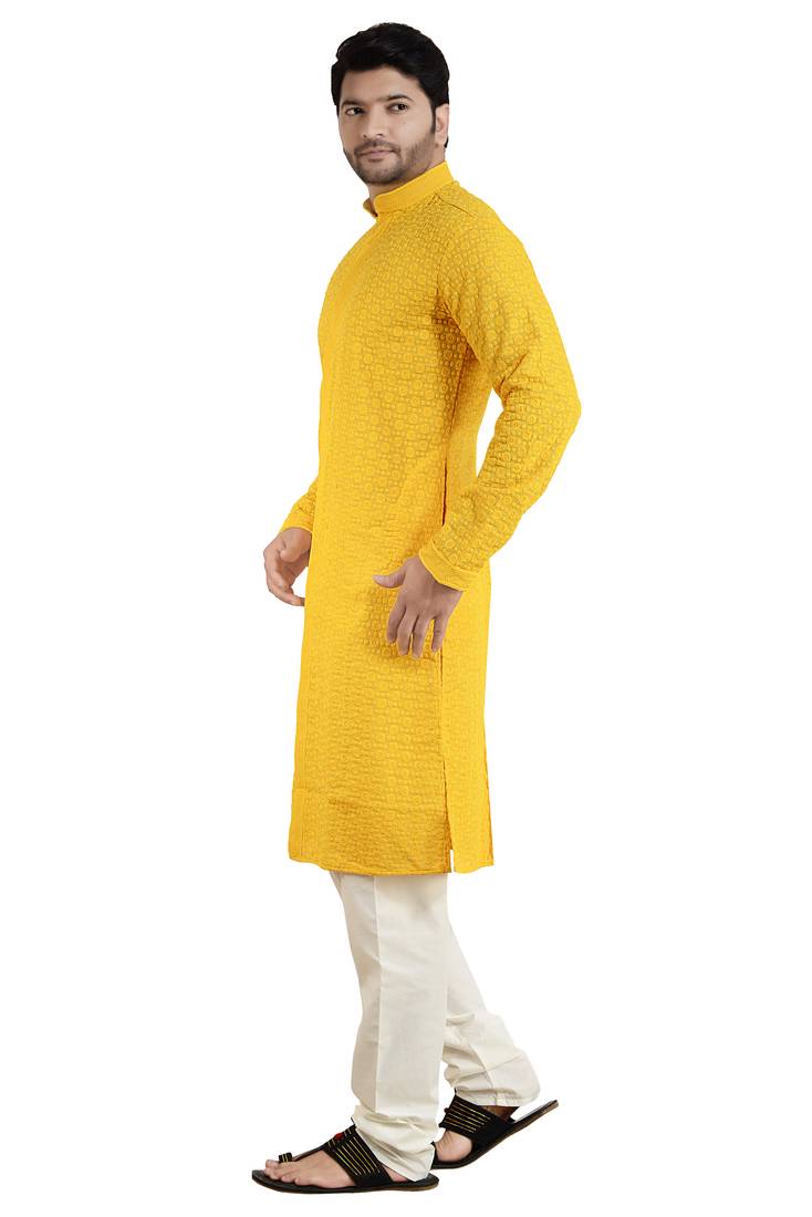ARRUGA mustard yellow CHIKANKARI EMBROIDERED COTTON KURTA-PAJAMA