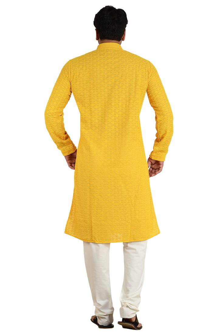 ARRUGA mustard yellow CHIKANKARI EMBROIDERED COTTON KURTA-PAJAMA