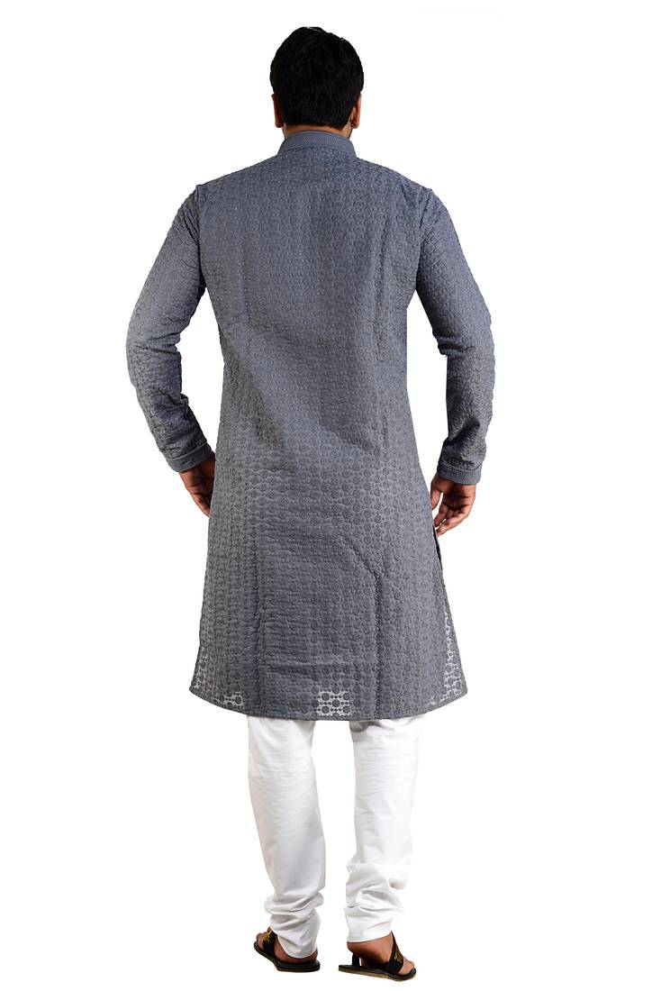 ARRUGA grey CHIKANKARI EMBROIDERED COTTON KURTA-PAJAMA