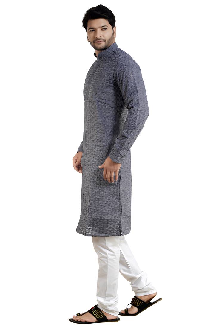 ARRUGA grey CHIKANKARI EMBROIDERED COTTON KURTA-PAJAMA