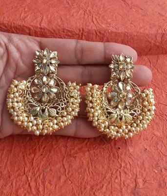 RozMili Gold Plated Polki design Traditional party drop Earrings for women & Girls 2
