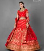 Red embroidered satin semi stitched lehenga