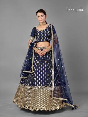 Navy-blue embroidered art silk semi stitched lehenga 1