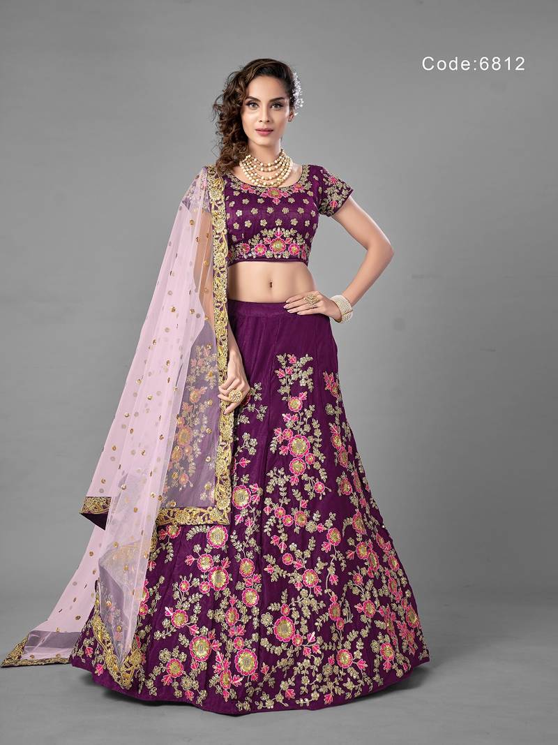 Purple embroidered velvet semi stitched lehenga MESMORE 3496014