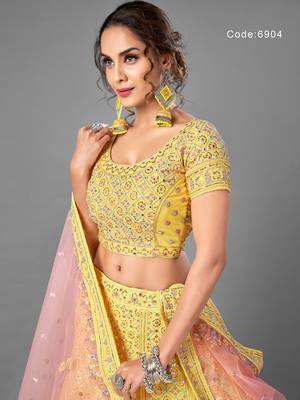 Yellow thread georgette semi stitched lehenga 4