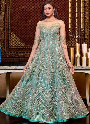 Beige and Gold Embroidered Anarkali Gown 2