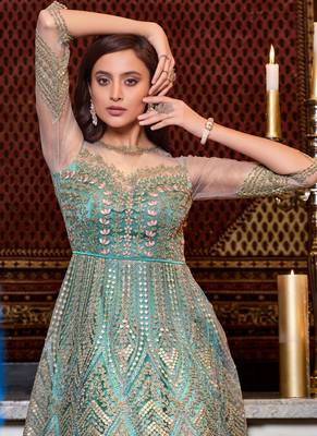 Beige and Gold Embroidered Anarkali Gown 3