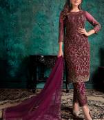 Ramadan Salwar Kameez Wine Embroidery Net Pant Style Suit Semi Stitched