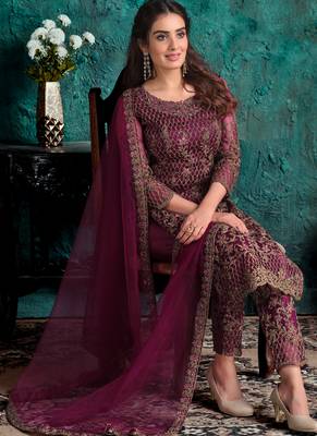 Ramadan Salwar Kameez Wine Embroidery Net Pant Style Suit Semi Stitched 2