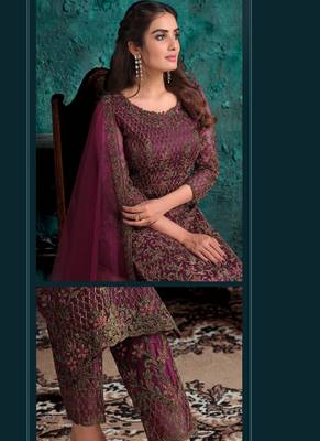 Ramadan Salwar Kameez Wine Embroidery Net Pant Style Suit Semi Stitched 3
