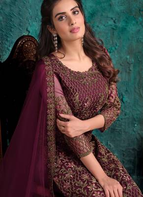 Ramadan Salwar Kameez Wine Embroidery Net Pant Style Suit Semi Stitched 4
