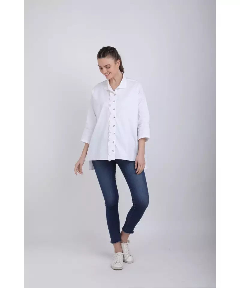 BALI HAI by PASHMA WOMEN'S RUFFLE WHITE SOLID CASUAL SHIRT