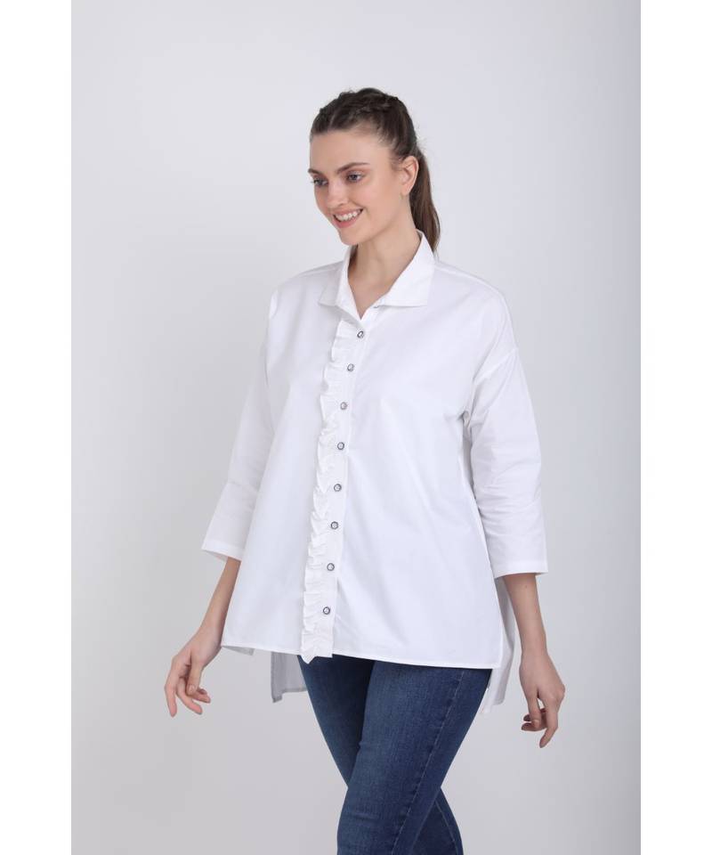 BALI HAI by PASHMA WOMEN'S RUFFLE WHITE SOLID CASUAL SHIRT