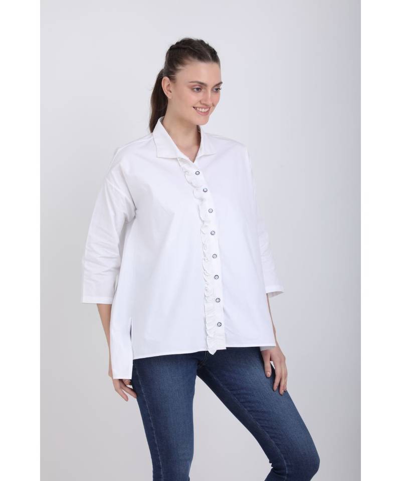BALI HAI by PASHMA WOMEN'S RUFFLE WHITE SOLID CASUAL SHIRT