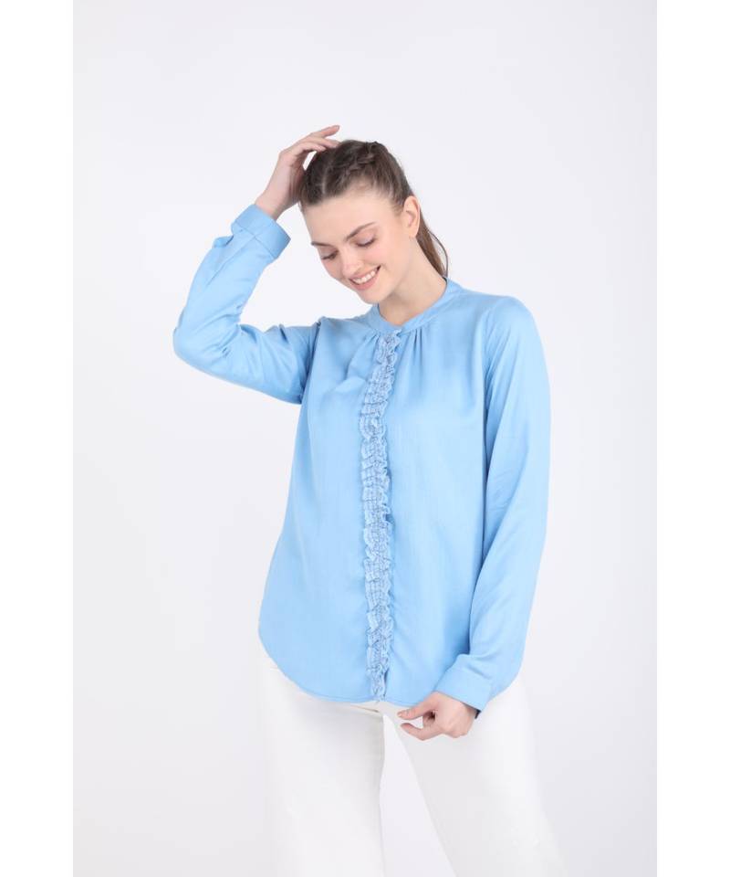 BALI HAI by PASHMA WOMEN'S BEAUTIFUL RUFFLE NAVY BLUE SHIRT