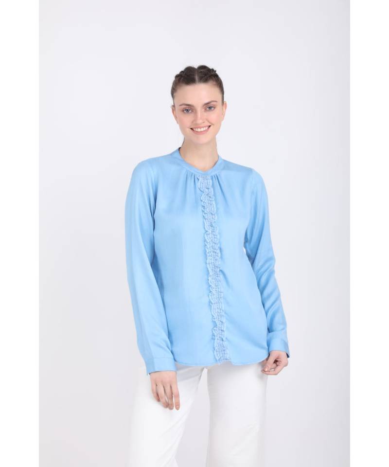 BALI HAI by PASHMA WOMEN'S BEAUTIFUL RUFFLE NAVY BLUE SHIRT