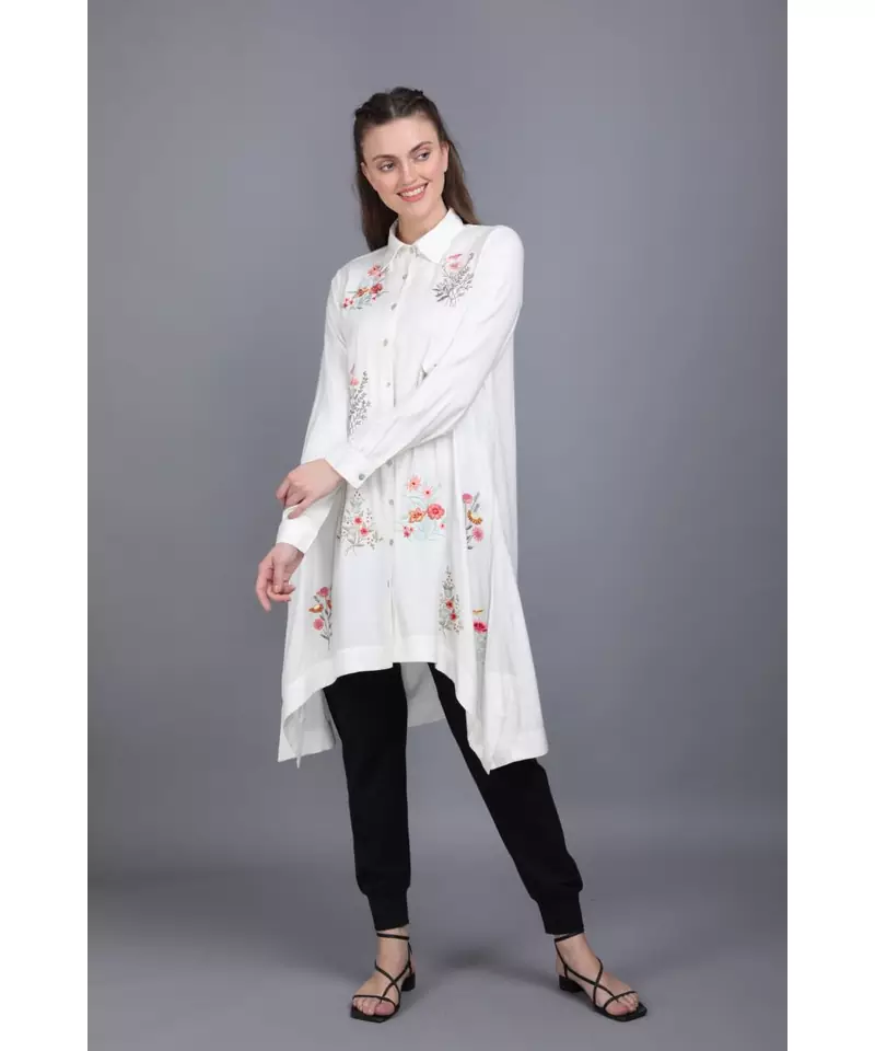 BALI HAI by PASHMA WOMEN'S BEAUTIFUL LONG WHITE EMBROIDERED CASUAL SHIRT