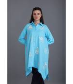 BALI HAI by PASHMA WOMEN'S BLUE MARVEL PRINT COTTON LINEN CASUAL SHIRT